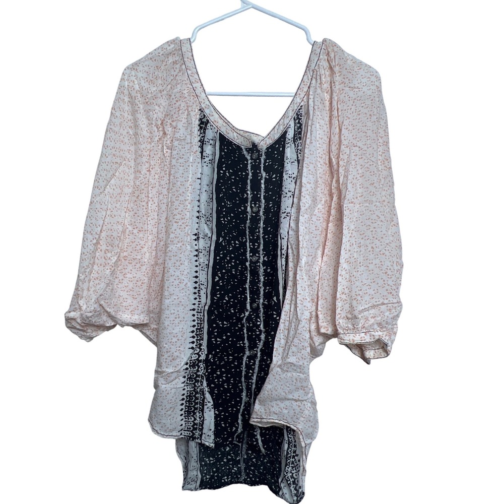 Free People Days of Romance S Boho Blouse Peach Black Button Front Batwing Sleev